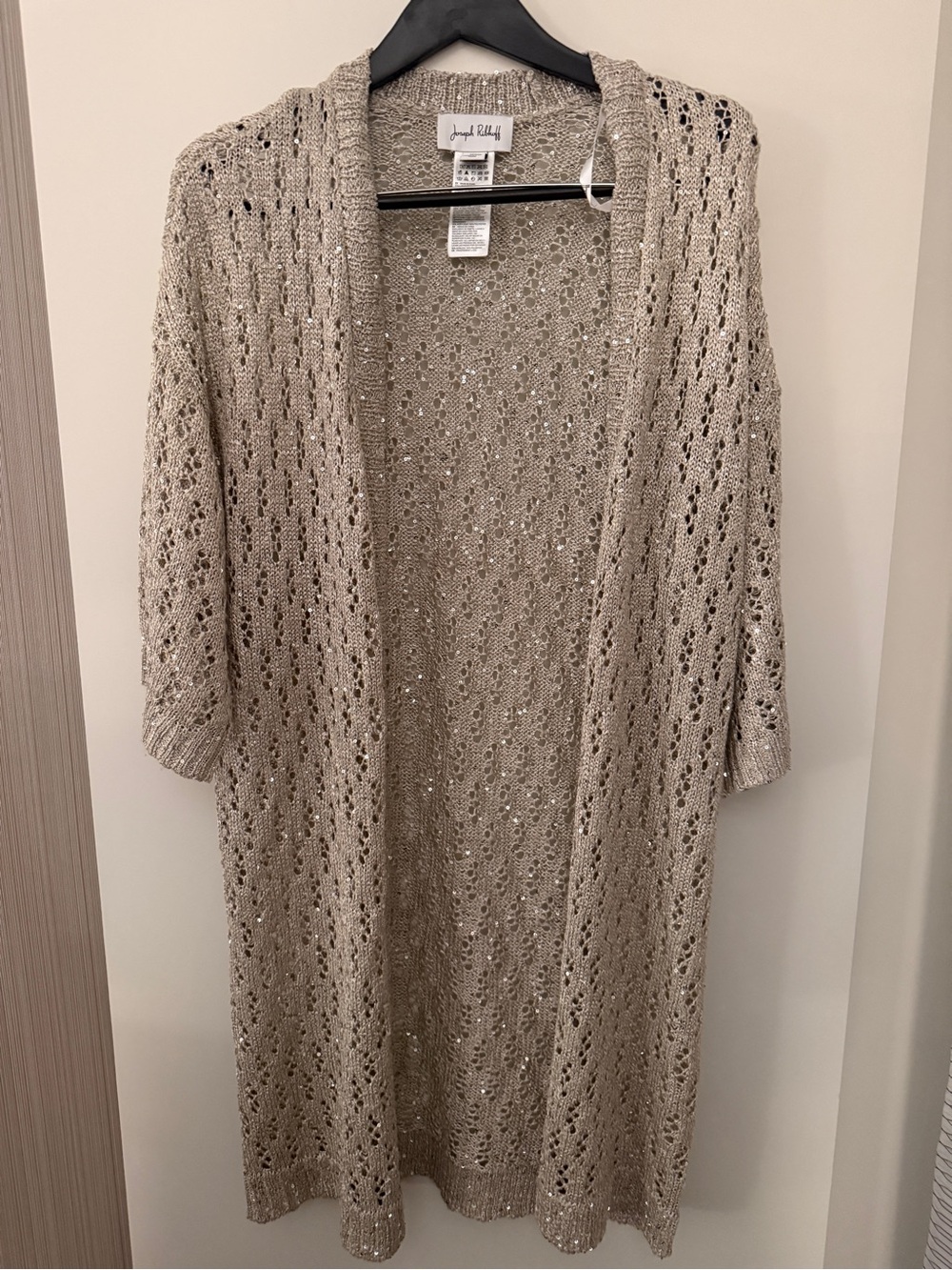 Joseph Ribkoff Sequin Open Knit Long Cardigan Duster M/M Taupe Metallic